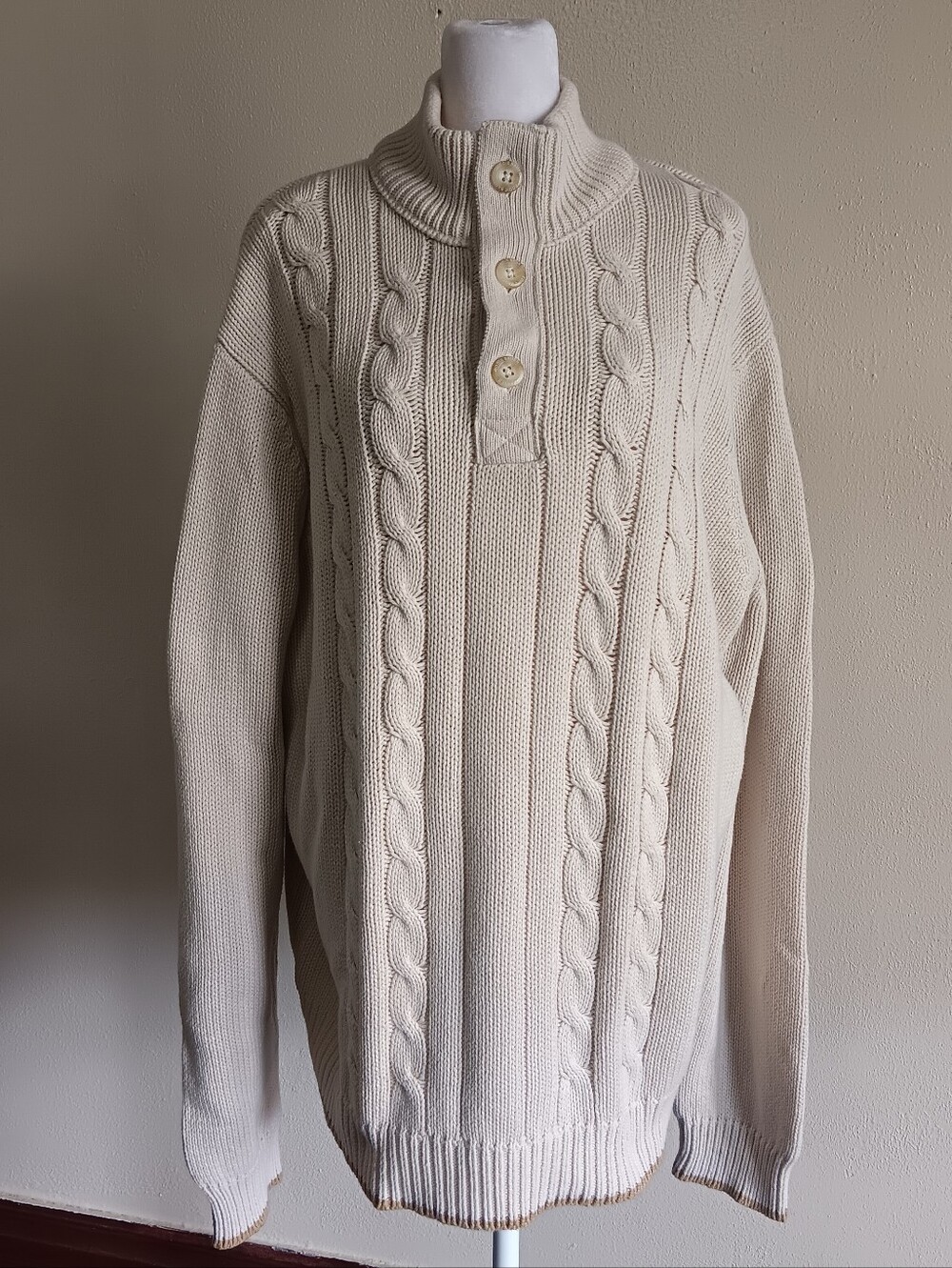 Vintage Eddie Bauer Men's Fisherman Cable Knit Cream Cotton Sweater Size T2XL